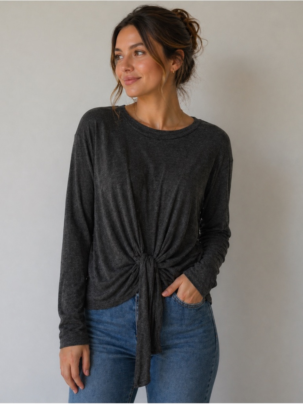 Umgee Size Large Gray Tie Front Top NWT Long Sleeve Draped Knot Boho